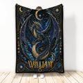 Celestial dragon blanket displayed upright with blue and gold artwork, stars, moons and ornate fantasy borders