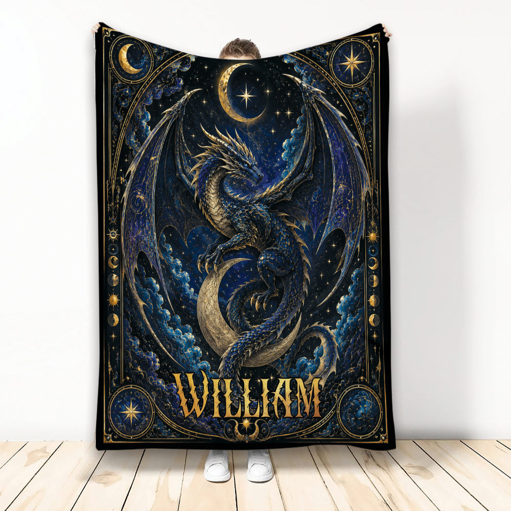 Celestial dragon blanket displayed upright with blue and gold artwork, stars, moons and ornate fantasy borders