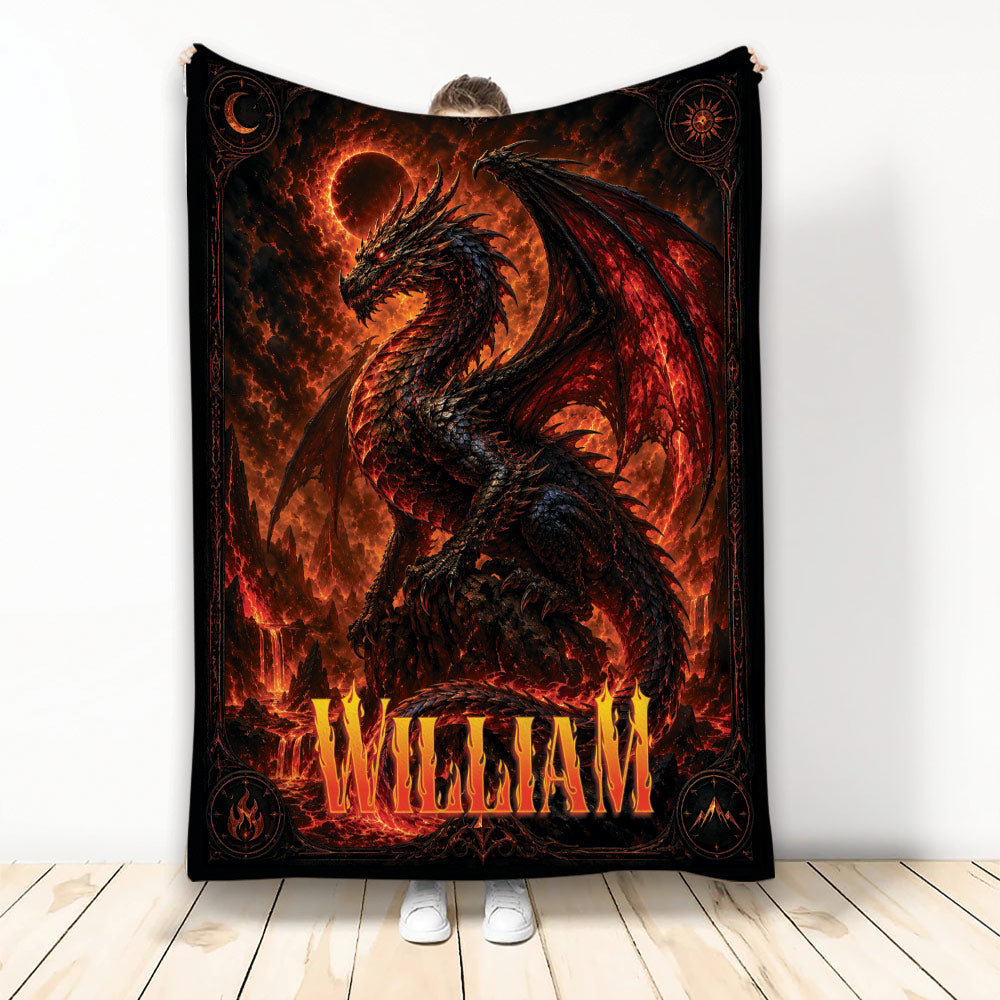 Fiery black and red dragon throw blanket displayed upright with volcanic fantasy artwork