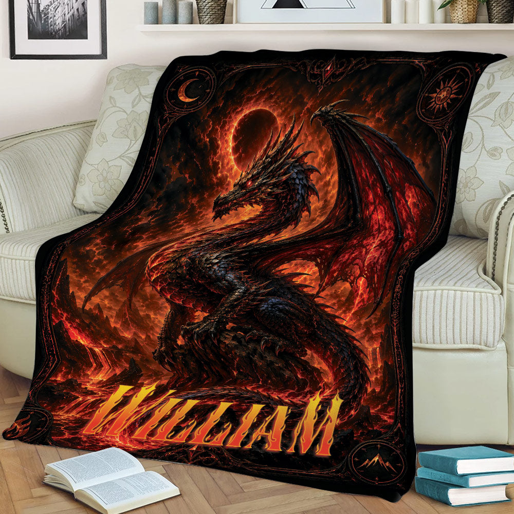 Dramatic red and black dragon blanket styled on a couch with fiery fantasy scenery