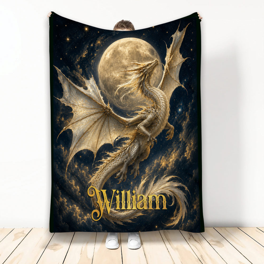Custom dragon blanket featuring a golden dragon flying before a full moon in a starry sky
