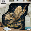Fantasy dragon blanket displayed on a couch with dramatic wings, stars, clouds, and moon artwork