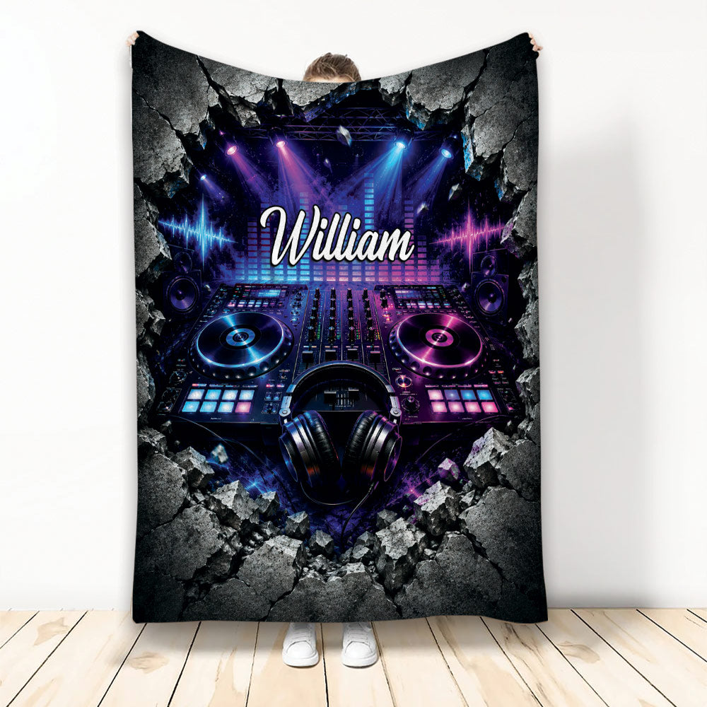 DJ blanket featuring illuminated turntables, headphones, speakers, and vibrant purple and blue stage lighting
