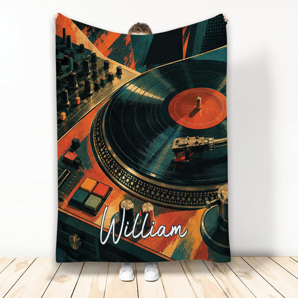 DJ blanket featuring a turntable, vinyl record, mixer controls, and bold retro orange and teal artwork