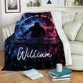 DJ blanket displayed on a sofa with nightclub artwork, turntables, speakers, and a colorful dancing crowd