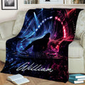 DJ throw blanket draped over a sofa with electronic music artwork in blue, pink, and black