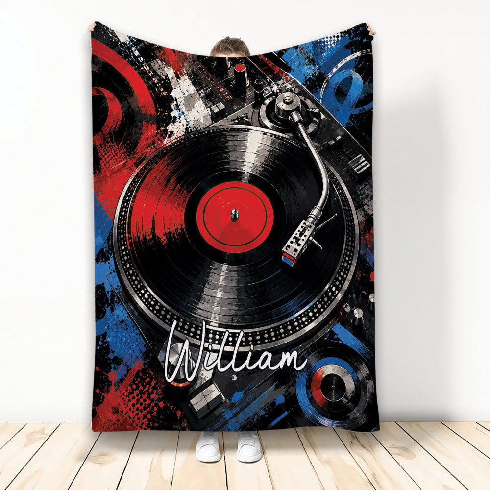 DJ Throw Blanket featuring a turntable, vinyl record, and bold red, blue, black, and white artwork