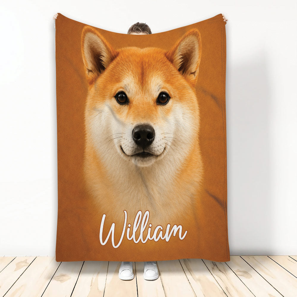 Orange Shiba Inu artwork blanket displayed upright with a close-up dog face