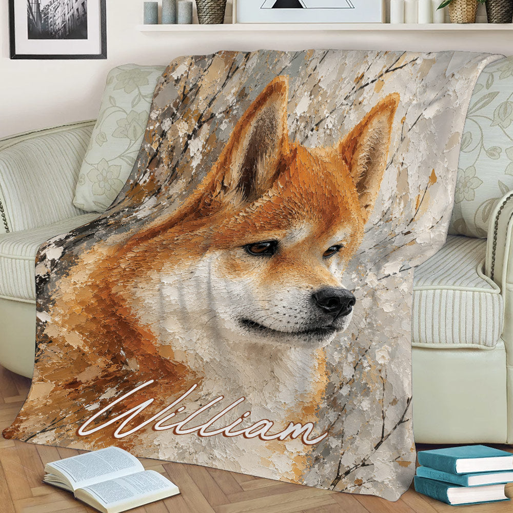Shiba Inu blanket draped over a couch with warm-toned expressive artwork