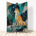 Shiba Inu throw blanket featuring a seated dog against teal marble, gold veining, and a moonlit background