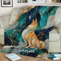 Cozy sofa setting with a Shiba Inu throw blanket featuring moonlit teal marble and elegant gold details