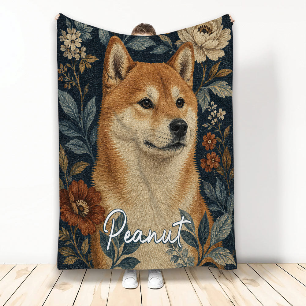 Shiba Inu throw blanket with a warm-toned dog portrait framed by vintage floral artwork