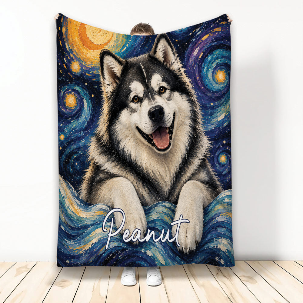 Alaskan Malamute blanket displayed vertically with colorful swirling cosmic artwork