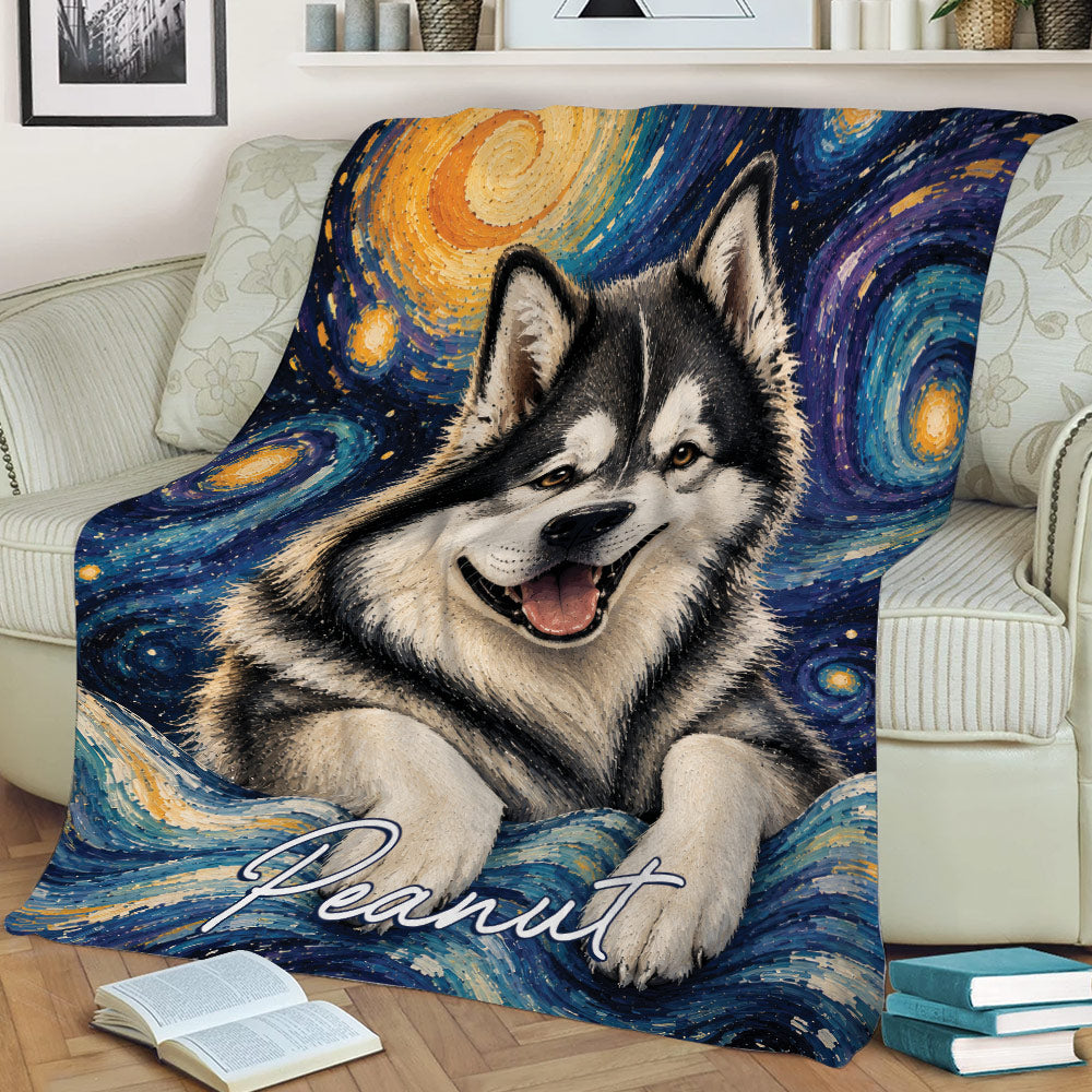 Alaskan Malamute blanket spread across a sofa with vibrant blue and gold artwork