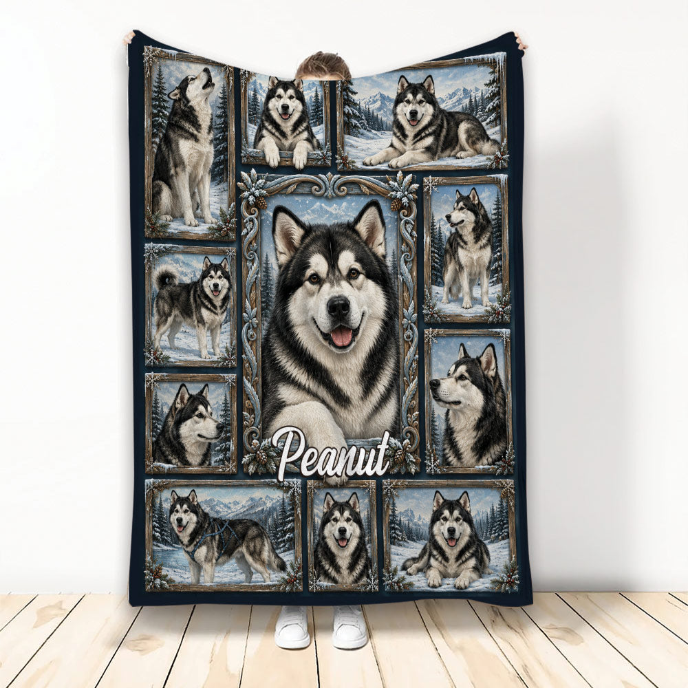 Alaskan Malamute throw blanket displayed vertically with a framed collage of dogs in snowy mountain scenes