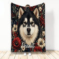 Alaskan Malamute blanket with a black and white dog portrait framed by red and cream flowers