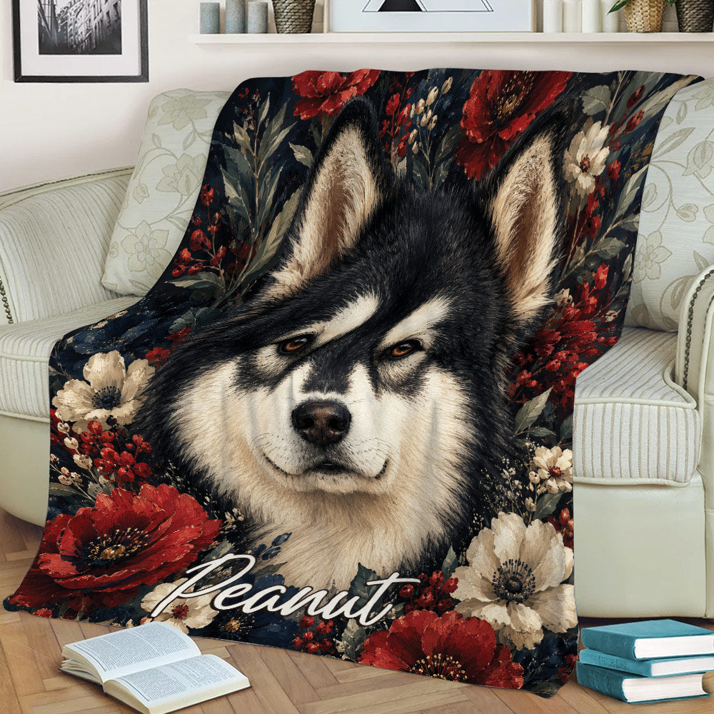 Alaskan Malamute floral throw blanket displayed across an armchair with a dramatic dog portrait