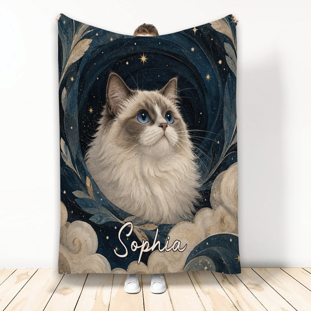 Ragdoll cat throw blanket with blue-eyed cat artwork, celestial stars, and dark navy decorative background