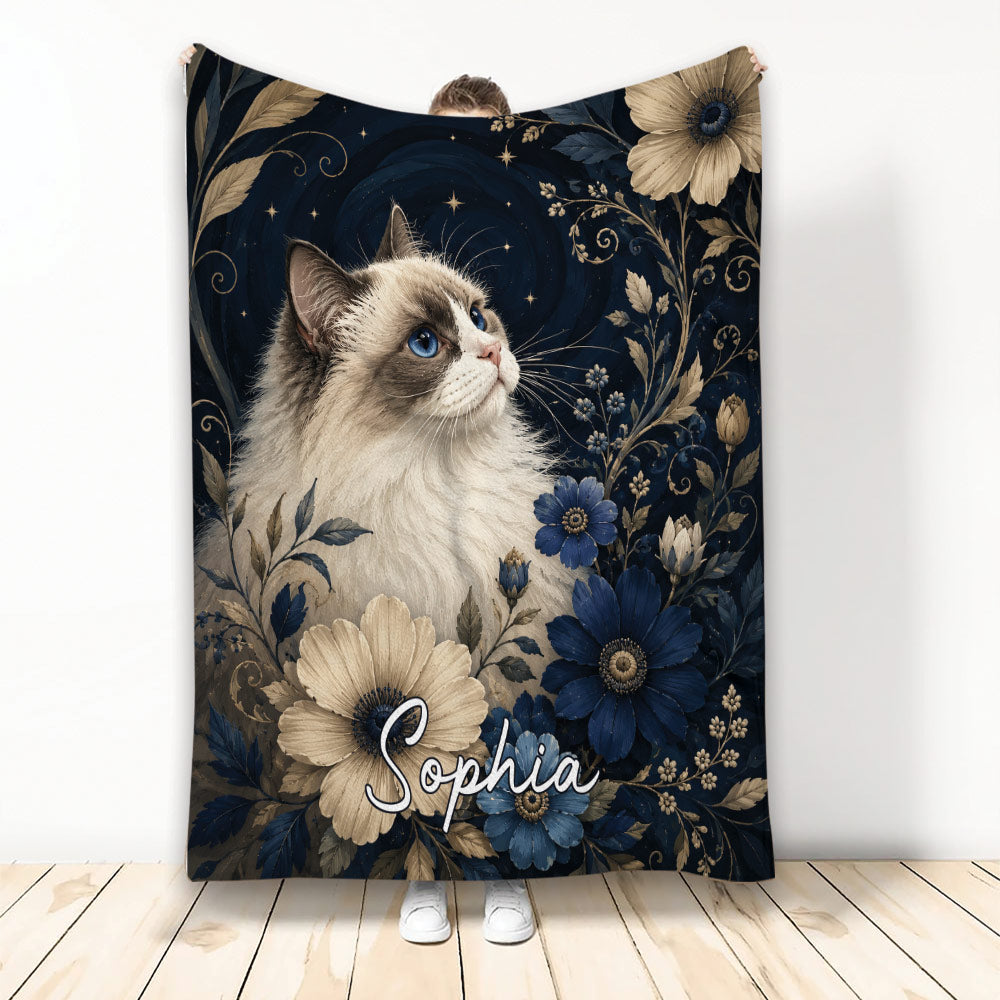 Ragdoll cat throw blanket with blue eyes, navy floral artwork, stars, and botanical details