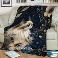 Ragdoll cat throw blanket displayed on a sofa with blue flowers and night-sky artwork