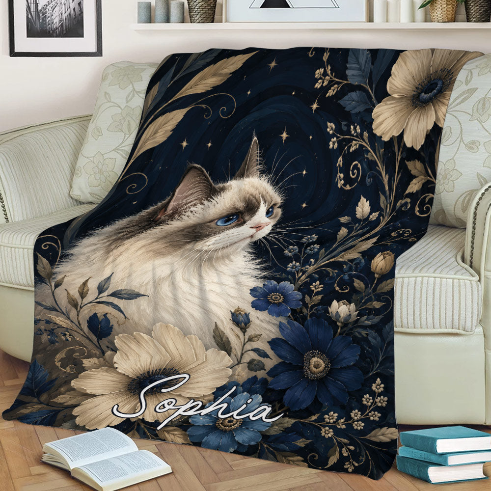 Ragdoll cat throw blanket displayed on a sofa with blue flowers and night-sky artwork