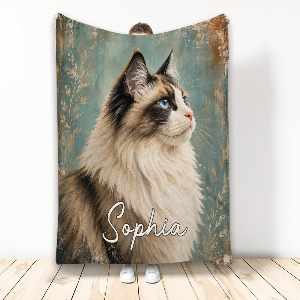 Ragdoll cat throw blanket with blue-eyed long-haired cat artwork and vintage teal botanical background