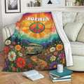 Hippie throw blanket draped over a sofa with psychedelic peace symbol and flower meadow design