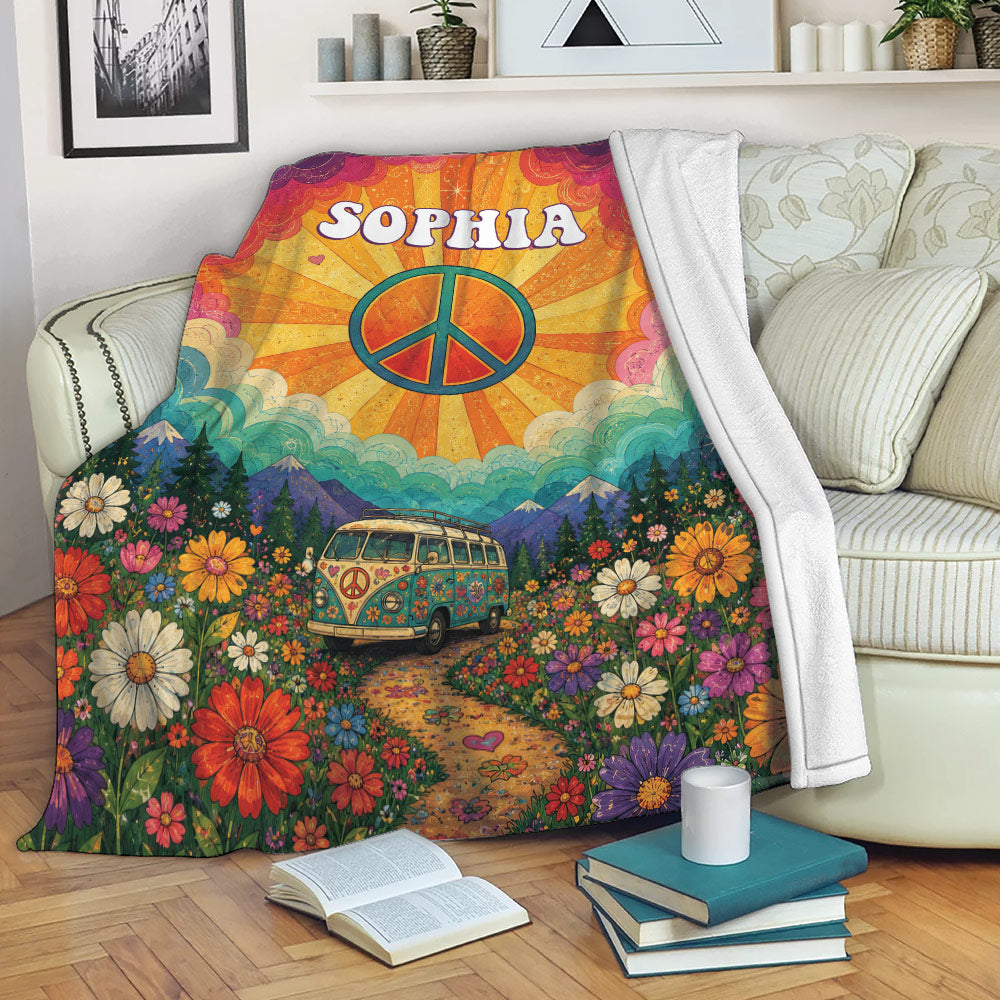 Hippie throw blanket draped over a sofa with psychedelic peace symbol and flower meadow design