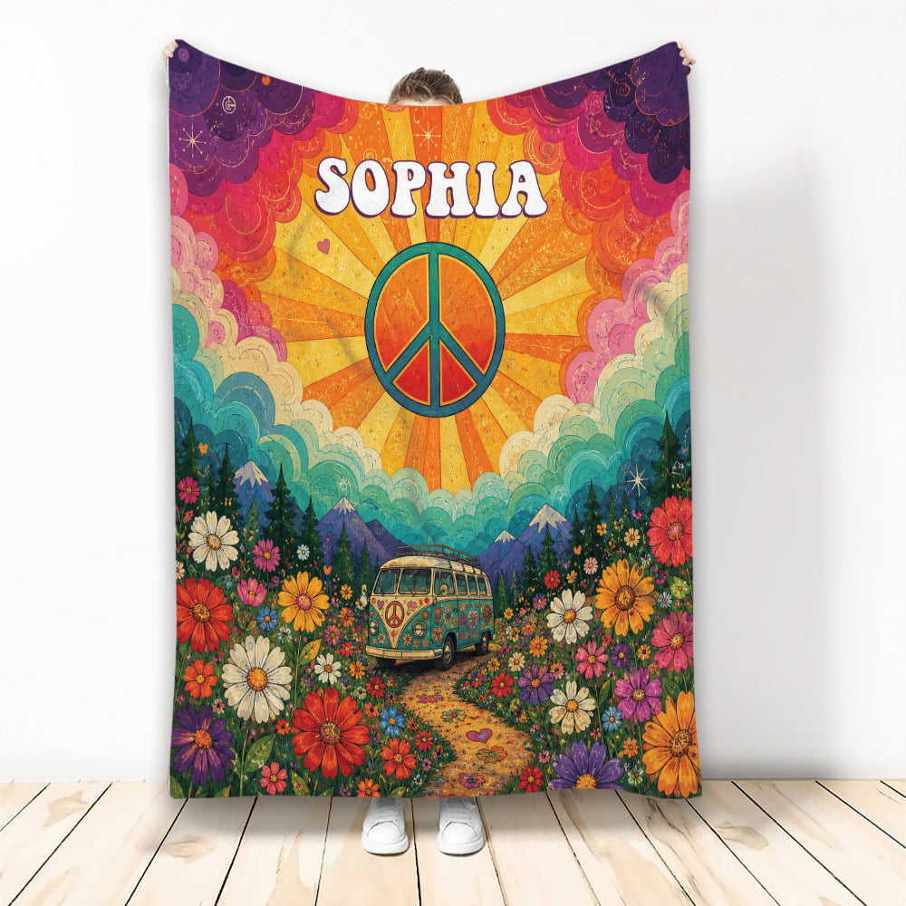 Hippie blanket with colorful peace symbol, flower meadow, mountain landscape and vintage van artwork