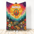 Hippie blanket with colorful peace symbol, flower meadow, mountain landscape and vintage van artwork