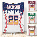 Baseball throw blanket featuring colorful baseball seam borders, a bold custom jersey-style design, and a large sports number