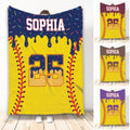 Custom softball throw blanket with colorful stitched border, bold sports graphics, and large player number design