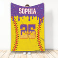 Colorful softball blanket displayed vertically with stitched border and bold athletic number graphic
