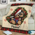 Yorkshire Terrier Christmas blanket styled on a couch with festive wreath, snowflakes and plaid accents