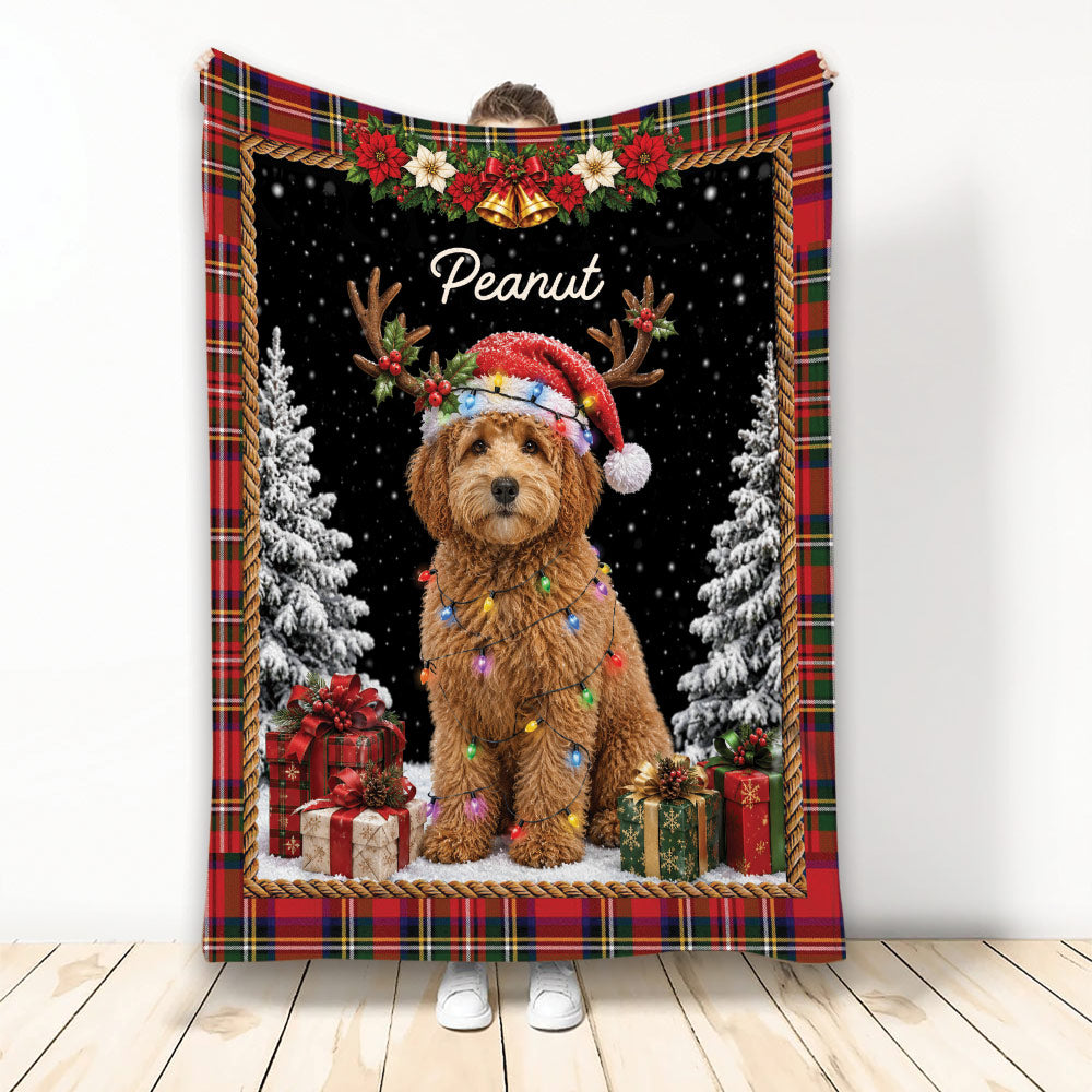 Goldendoodle Christmas blanket featuring a festive dog in a Santa hat, lights, gifts, and snowy trees