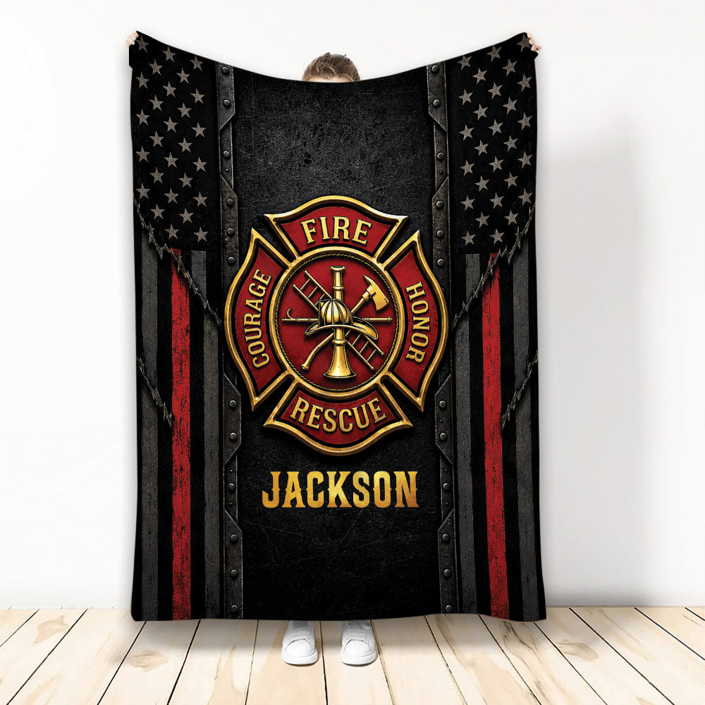 Firefighter throw blanket with red and black fire service emblem, rescue tools, and star-patterned artwork