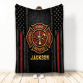 Firefighter throw blanket with red and black fire service emblem, rescue tools, and star-patterned artwork