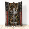 Custom fishing and hunting blanket with Christian cross, deer antlers, fishing hook, woodland camouflage and distressed American flag design