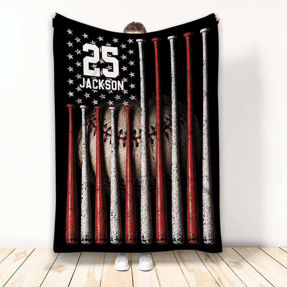 Baseball throw blanket with red and white bats, ball texture, and starry sports artwork