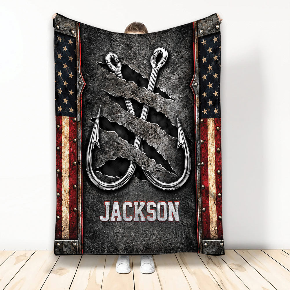 Fishing throw blanket with crossed hooks, rugged metal texture, and patriotic border artwork