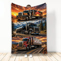 Trucker throw blanket featuring colorful semi trucks driving through dramatic mountain and desert landscapes