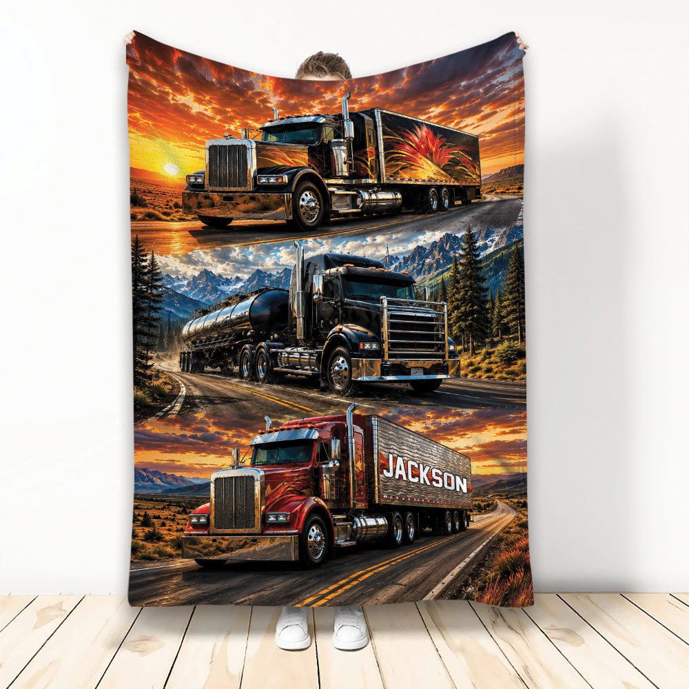 Trucker throw blanket featuring colorful semi trucks driving through dramatic mountain and desert landscapes