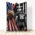 Football throw blanket with player artwork and a distressed patriotic American flag theme