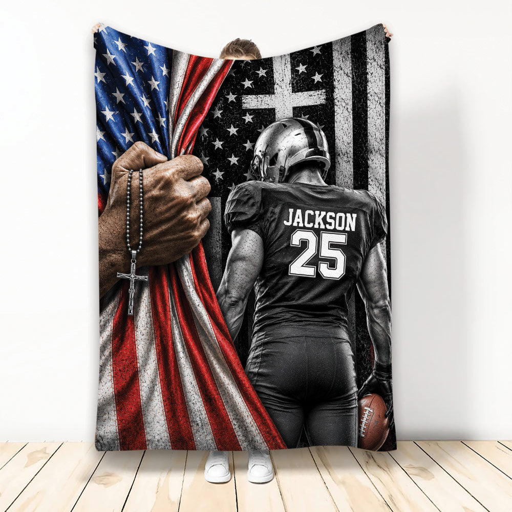 Football throw blanket with player artwork and a distressed patriotic American flag theme