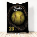 Softball throw blanket featuring a large yellow softball in a vintage catcher’s glove design