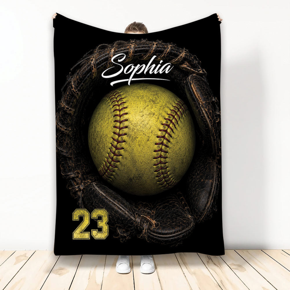 Softball throw blanket featuring a large yellow softball in a vintage catcher’s glove design