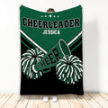 Cheerleader throw blanket with pom-poms, megaphone, stars, and green, black, and white sports artwork