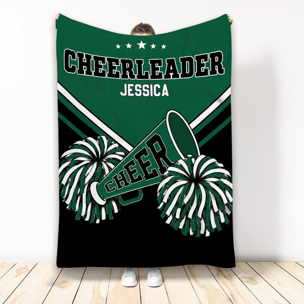 Cheerleader throw blanket with pom-poms, megaphone, stars, and green, black, and white sports artwork