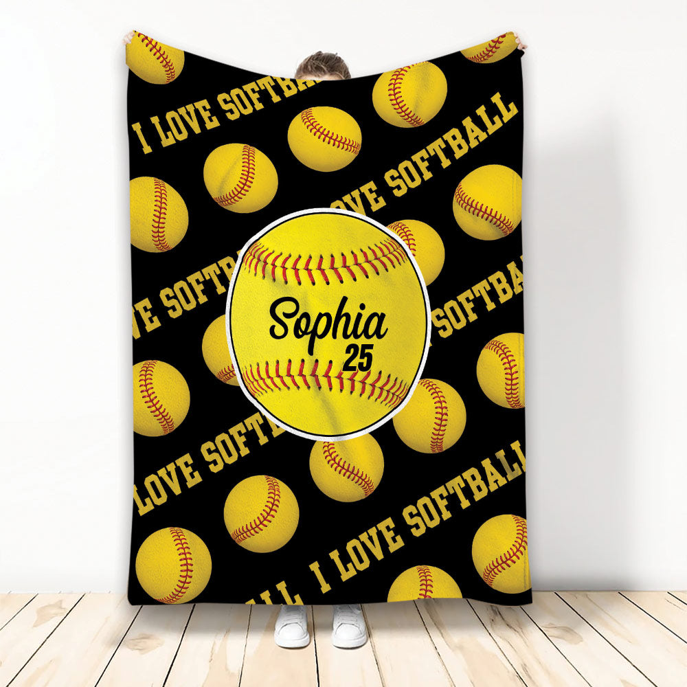 Softball throw blanket with yellow softball pattern and bold black and gold sports artwork