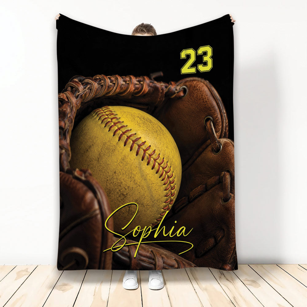 Softball throw blanket featuring a yellow softball and vintage leather glove artwork
